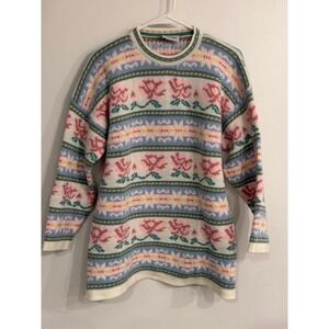 Sycamore Vintage Pastel Floral Fair Isle Knit Sweater USA Made Crew Neck Large